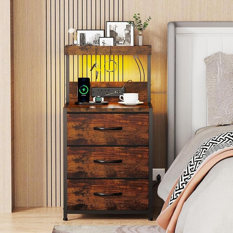 LED Light Strip Charging Nightstand W/ Storage Drawers & Hooks Easy Assembly New