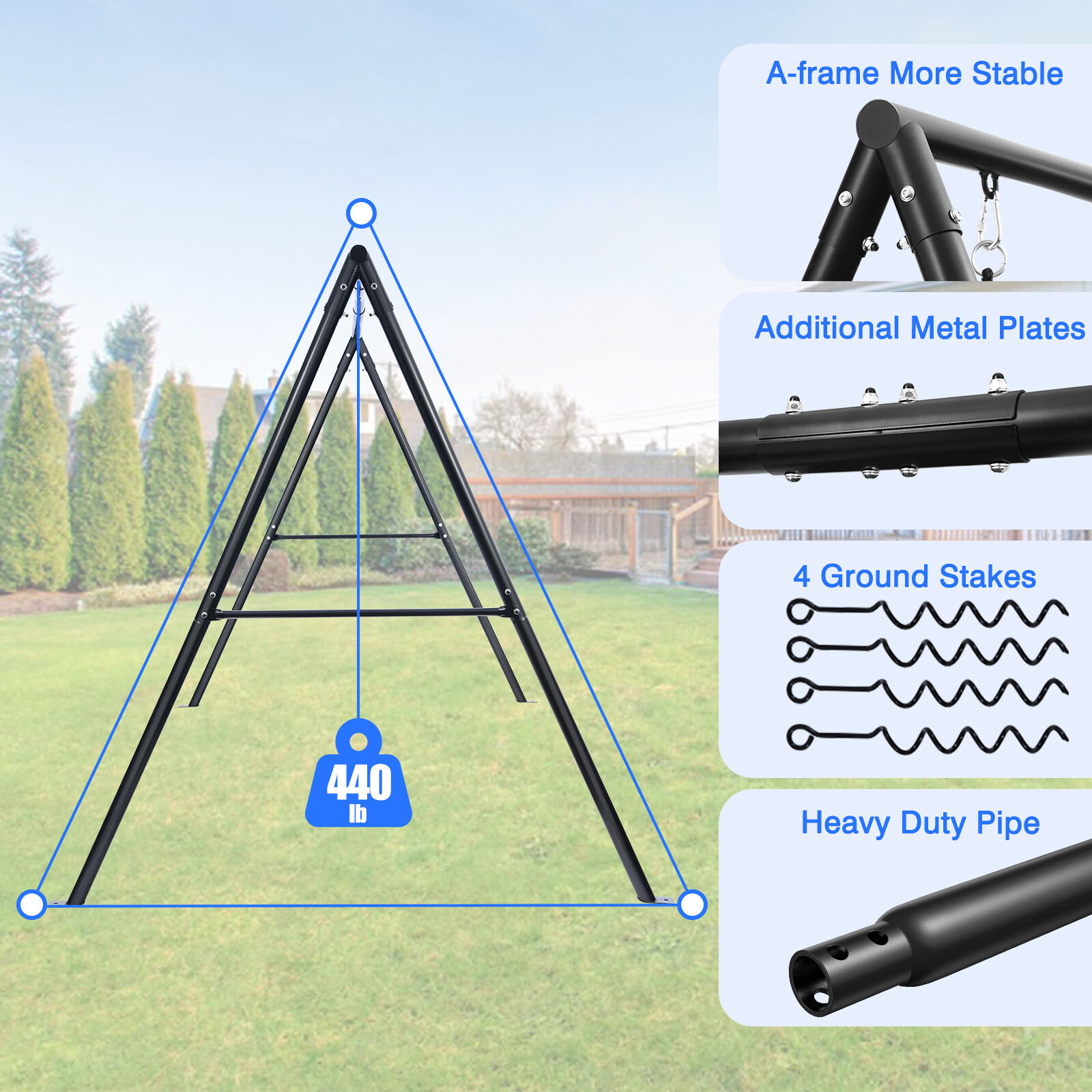 440lbs 4 IN 1 Backyard Metal Swing Set with Three Swing Heavy Duty A-Frame Stand