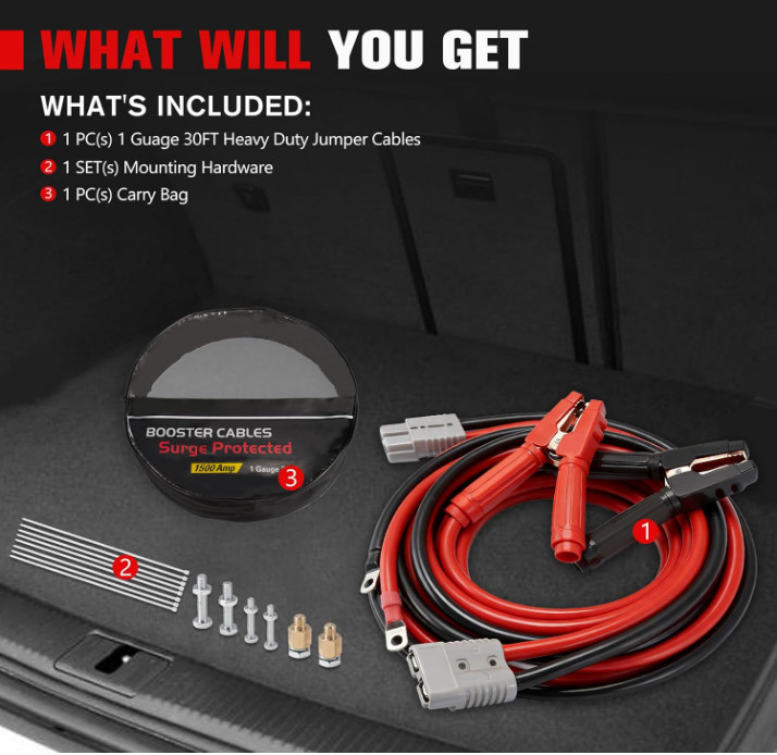 1 Gauge 30 FT Quick Connect Jumper Cables, 1000A Heavy Duty Booster Cables