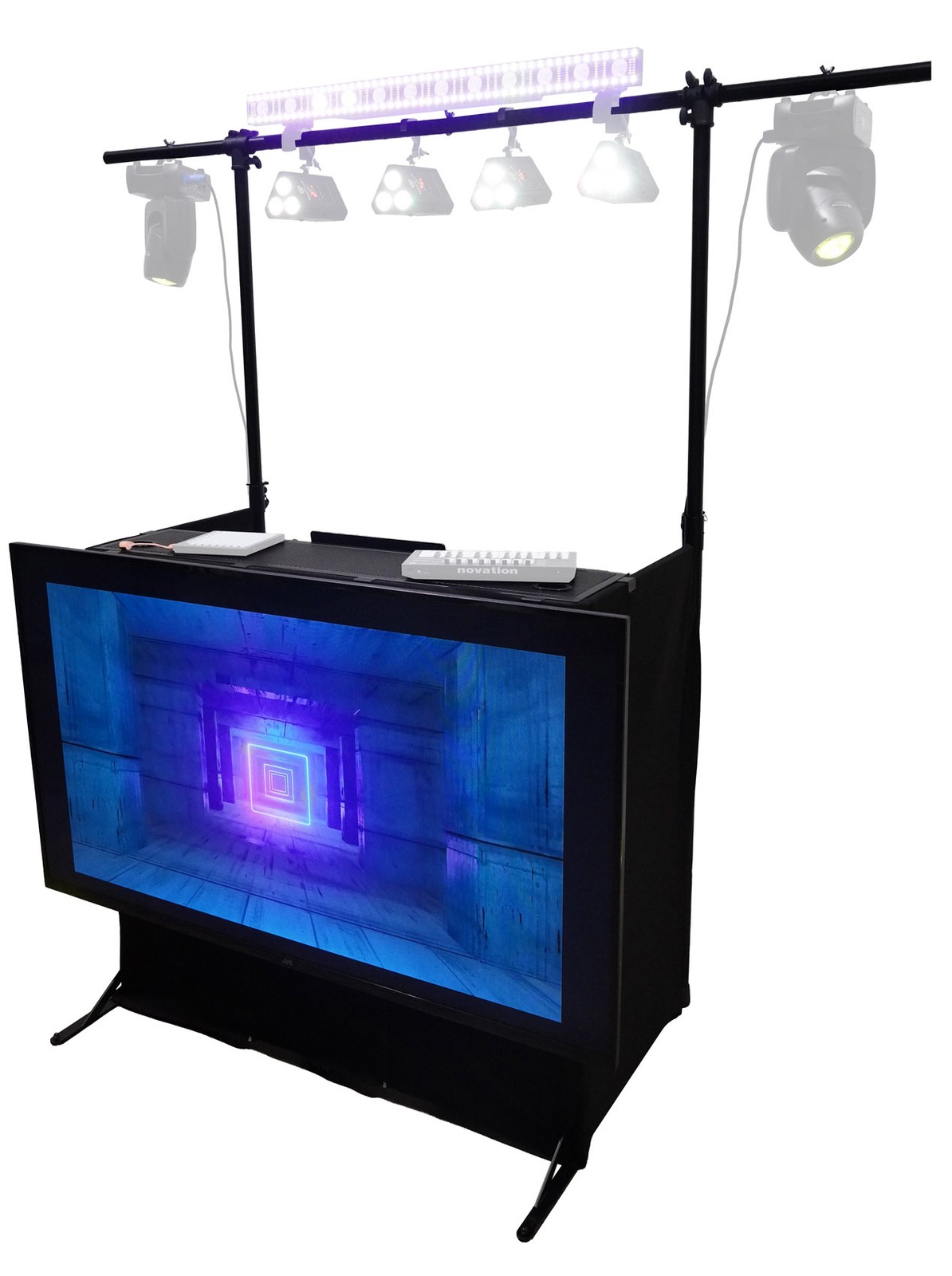 Rockville ROCKBOOTH PRO PACK DJ Booth Table Facade w/70" TV Mount+Lighting Truss