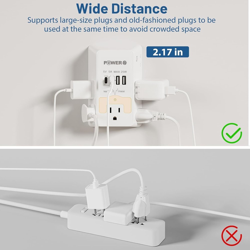 2 Pack Multi Plug Wall Outlet with USB Ports and Night Light
