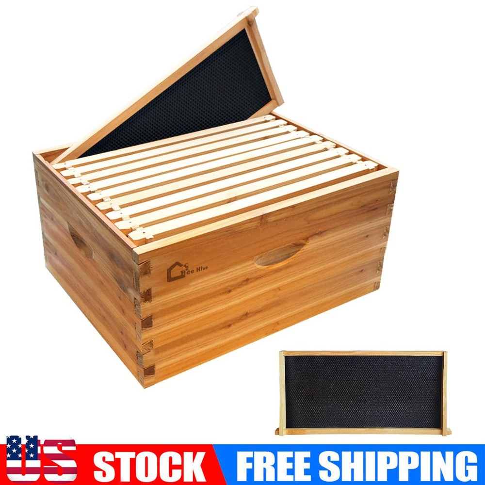 10 Frame Deep Brood Box Wax Coated Bee Hives w/ Beehives Frames Wax Foundation