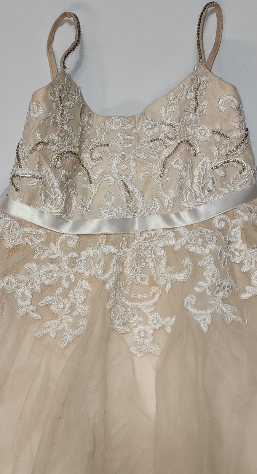 $180 Davids Bridal Ivory Floral Applique Spaghetti Strap Flower Girl Dress Sz 4