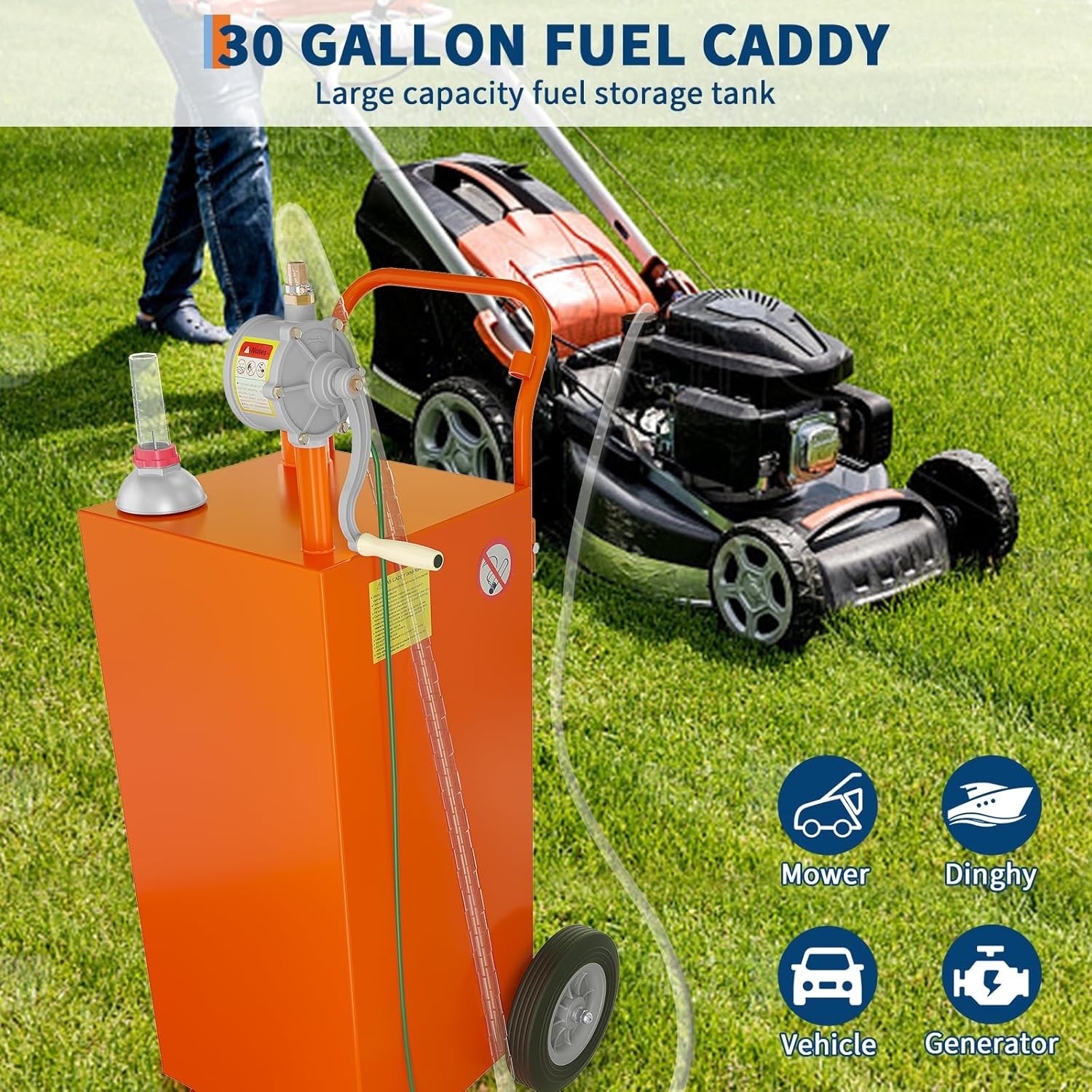 30 Gallon Gas Caddy w/ Pump & Wheels Fuel Gasoline Diesel Transfer Tank ORANGE