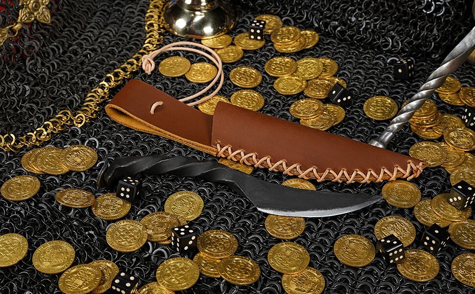 Viking Pocket Knife Twisted Carbon Steel Handle With Handcrafted Leather Sheath