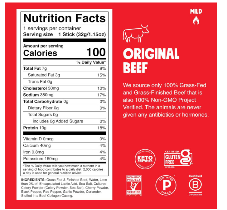 Chomps Grass Fed Beef Jerky Sticks 10 Pack Zero Sugar Protein