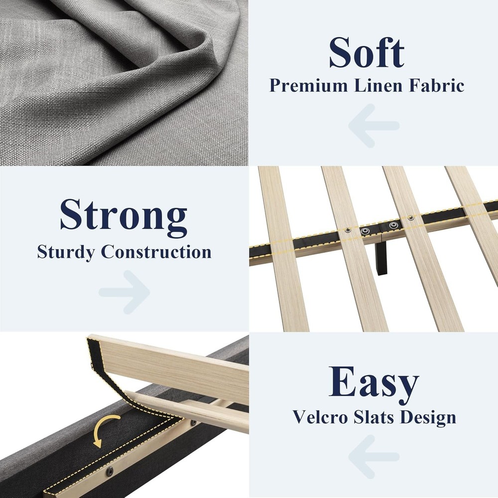 Sleek Linen Upholstered King Bed Frame, Adjustable Headboard