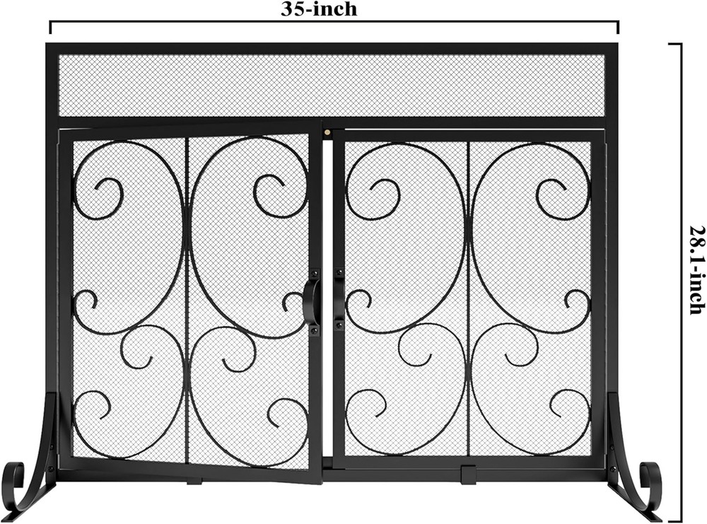 Flat Fireplace Screen with Doors, Wrought Iron Frame with Metal Mesh, Flat Panel