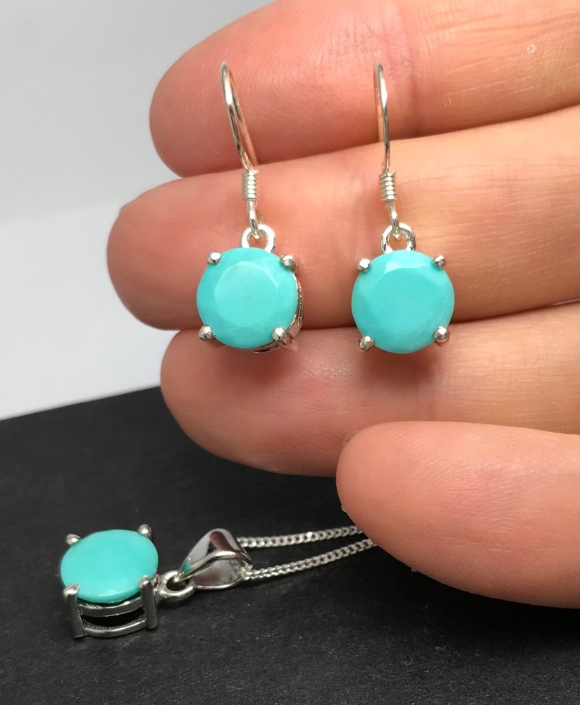 turquoise drop earrings pendant set solid Sterling Silver natural Round. Box.