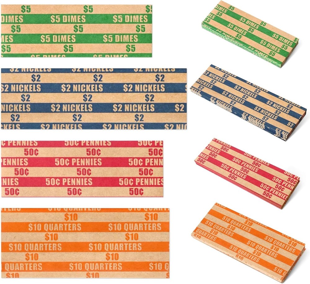 100 pcs Assorted Packed Flat Stripped Coin Wrappers, Coin Rolls Wrapper for Q...