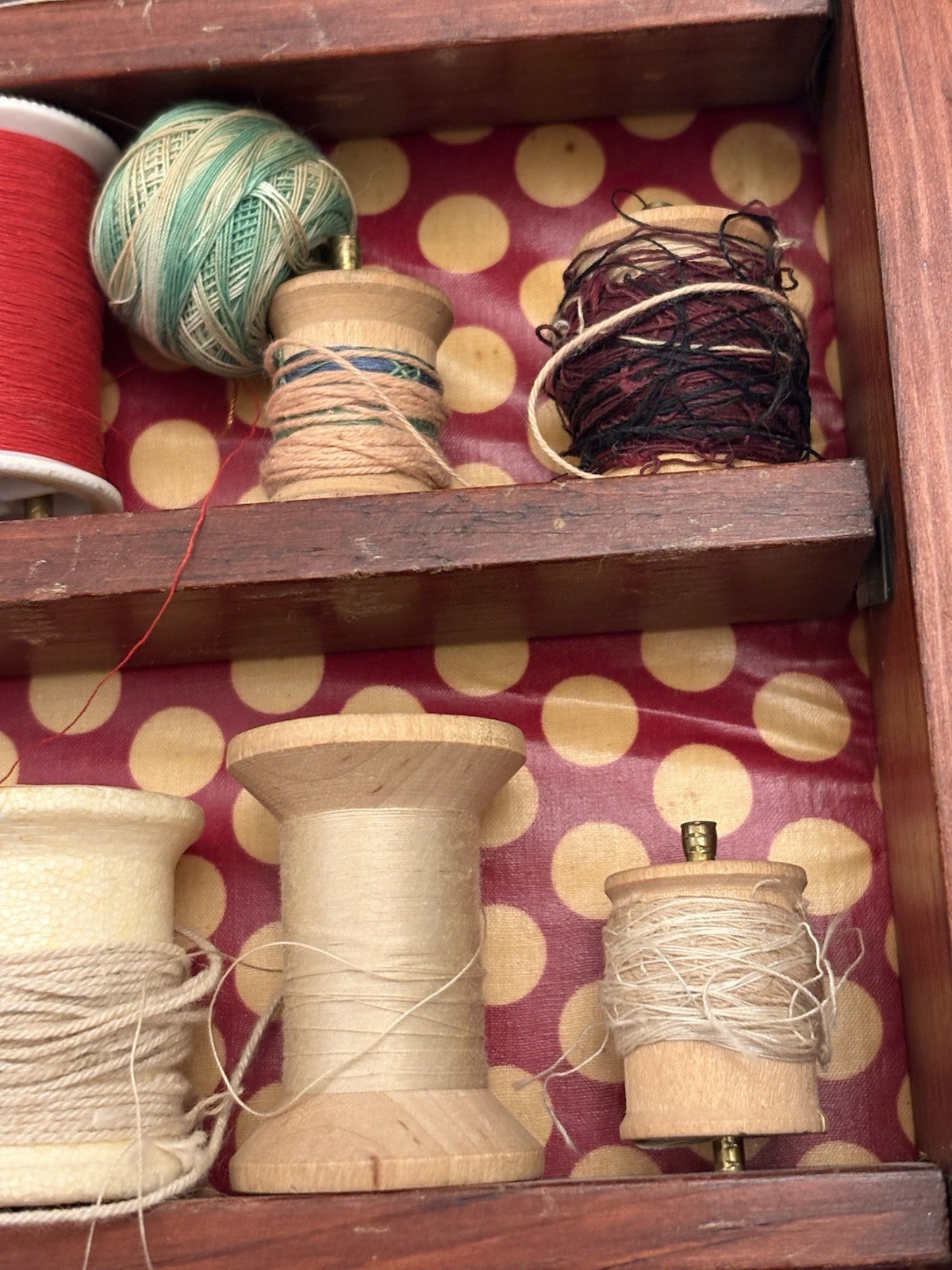 Vintage Case Full Of Wooden Spools Of Thread