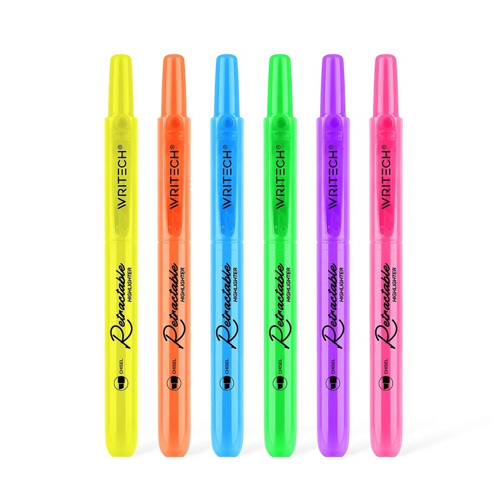 WRITECH Retractable Highlighters Assorted Colors: 2 Count (Pack of 6), Neon