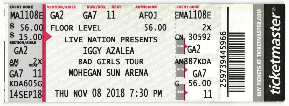 2018 Iggy Azalea Complete Concert Ticket Stub Uncasville CT