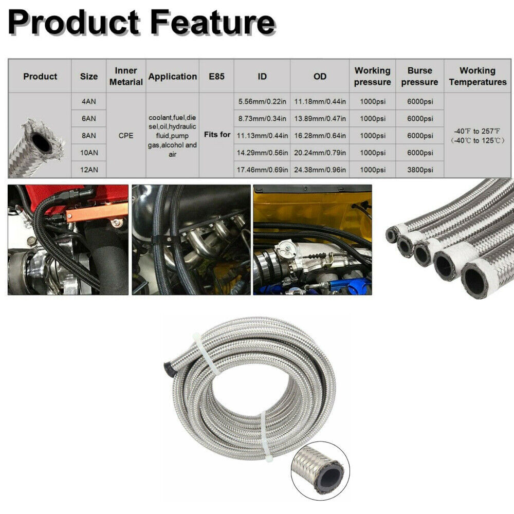 4AN/6AN/8AN/10AN/12AN Stainless Steel Braided CPE Fuel/Oil/Gas Hose Line Silver