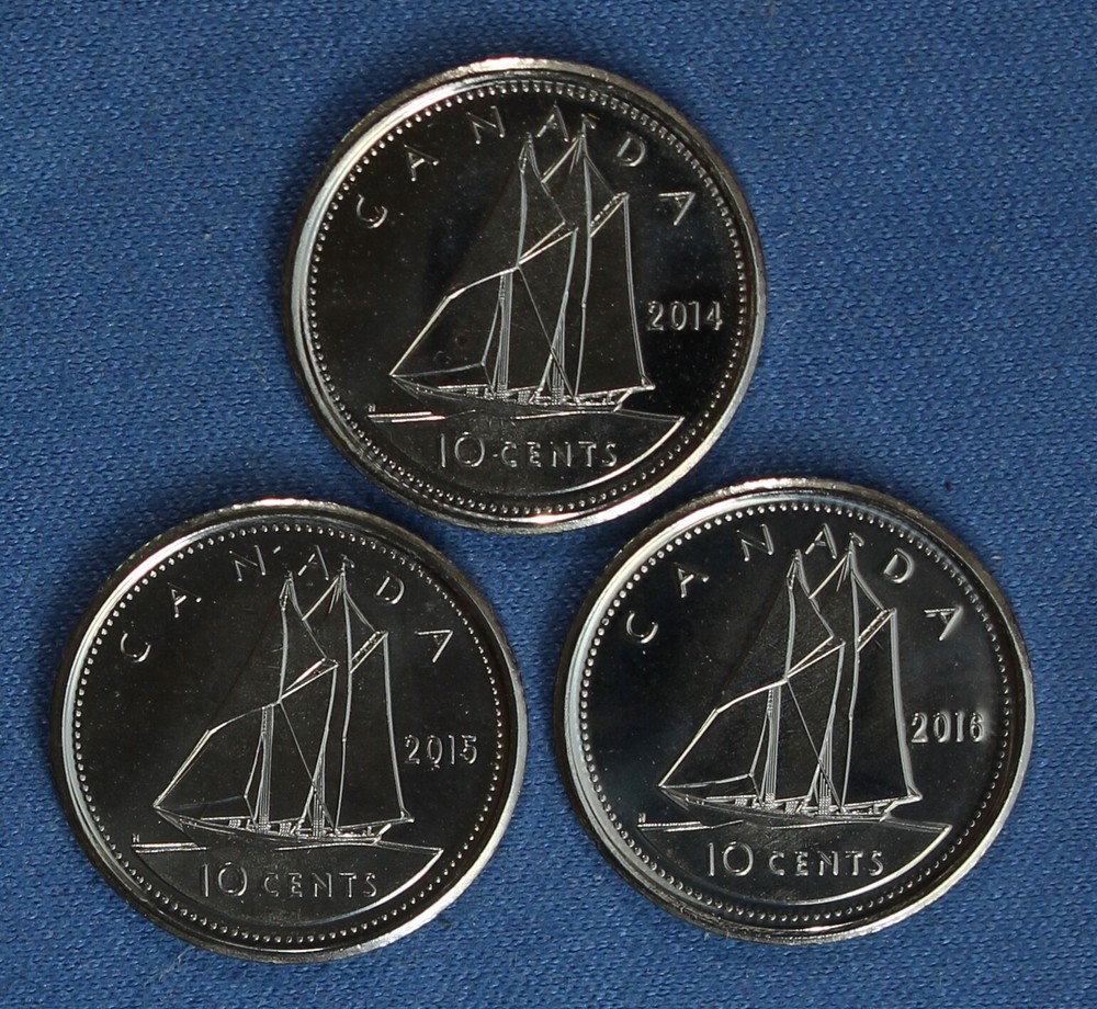 Canada 2014, 2015 and 2016 Dimes from Mint Rolls