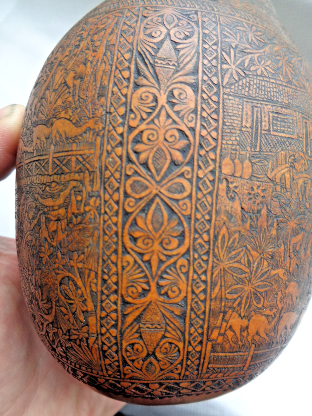 ANTIQUE SOUTH AMERICAN FOLK ART CARVED GOURD BULL FIGHTER, CHURCH, FARMER, LLAMA