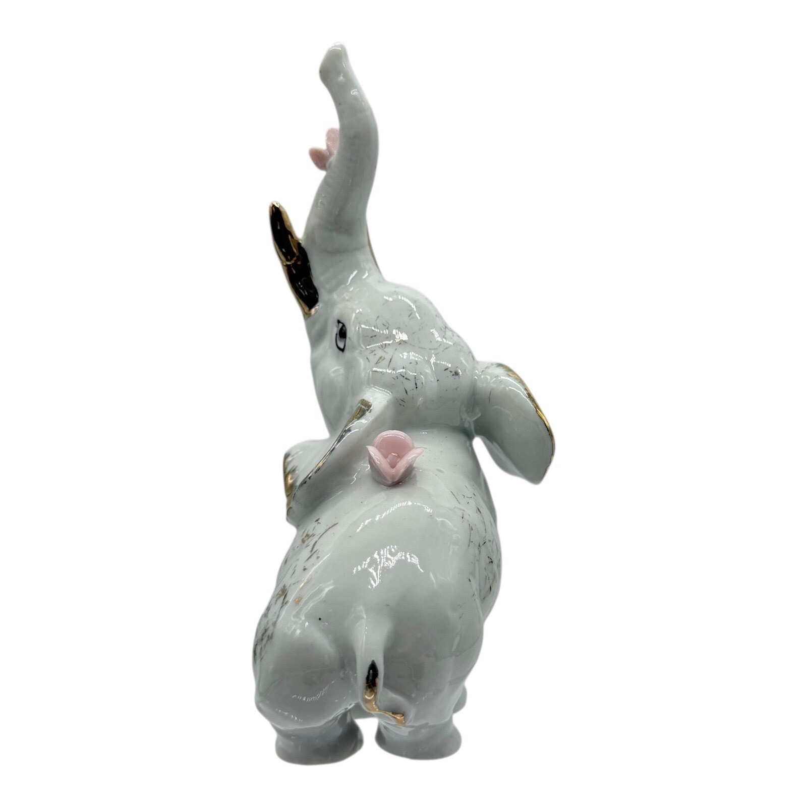 Elephant Figurine White Gold Accent Pink Flowers Trunk Up Good Luck Decor
