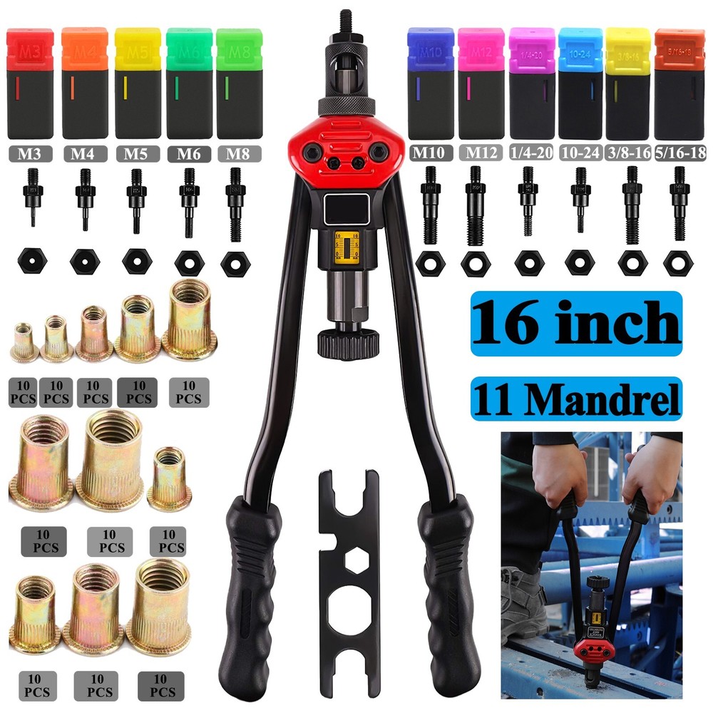 16" Rivet Nut Tool Kit w/ 11PC Metric & SAE Mandrels Thread Setting Tool Setter