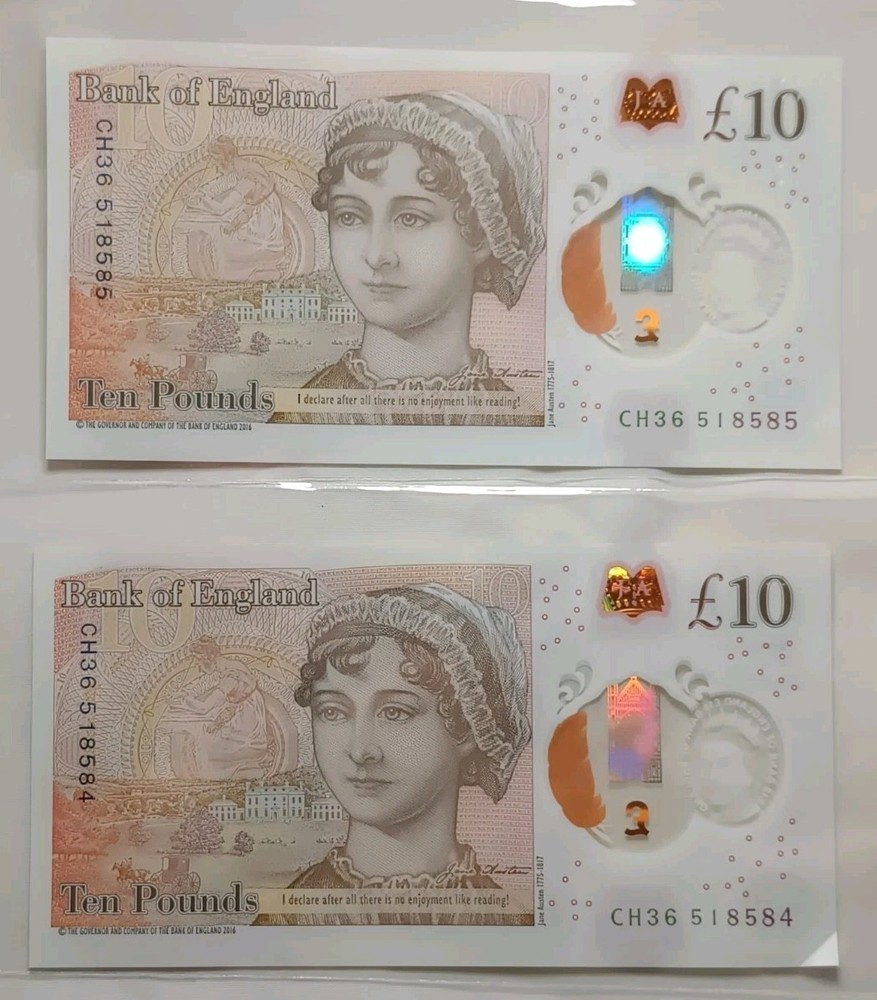 2x 2016 QE2 Consecutive Numbered £10 Notes CH36 518584/5