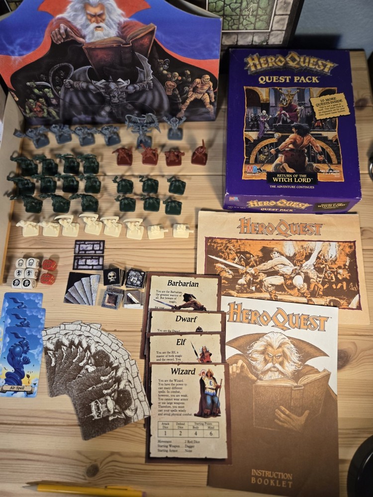HeroQuest MB Board Game System + Witch Lord Quest Pack both 100% Complete 1990