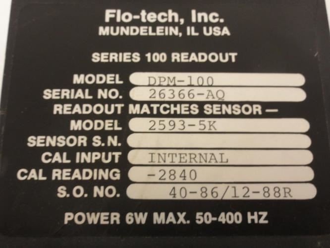 199051 New-No Box; Flo-Tech DPM-100 Flow Meter Readout and Sensor