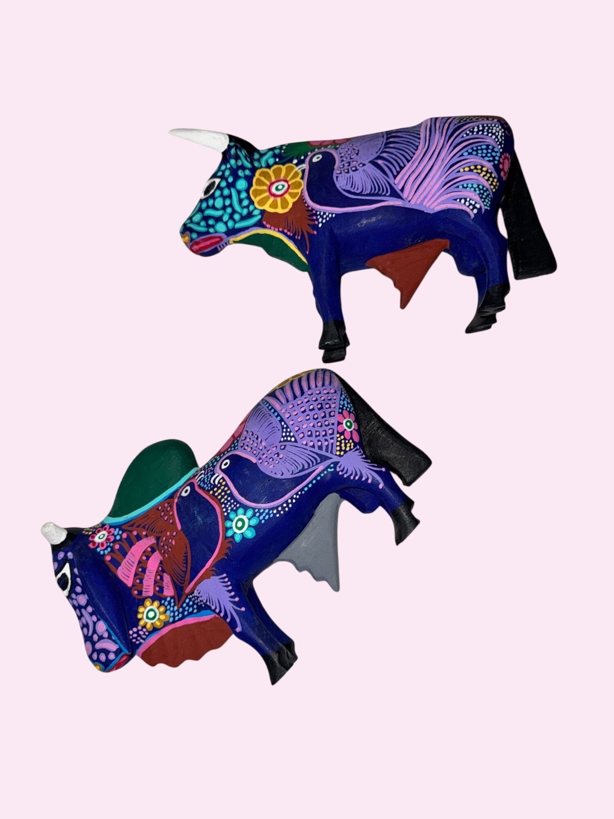 Hand Carved Alebrije Wooden Ox Folk Art Figurines Multicolor 2 Pieces