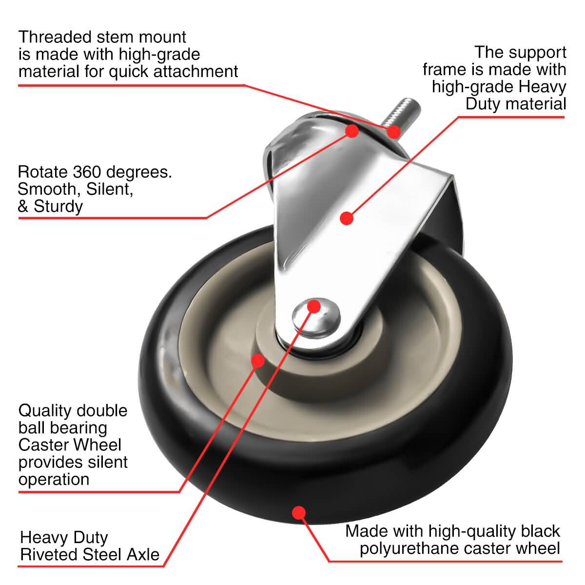 4 Pack 5 Inch Stem Caster Swivel Black Polyurethane Heavy Duty Caster Wheels