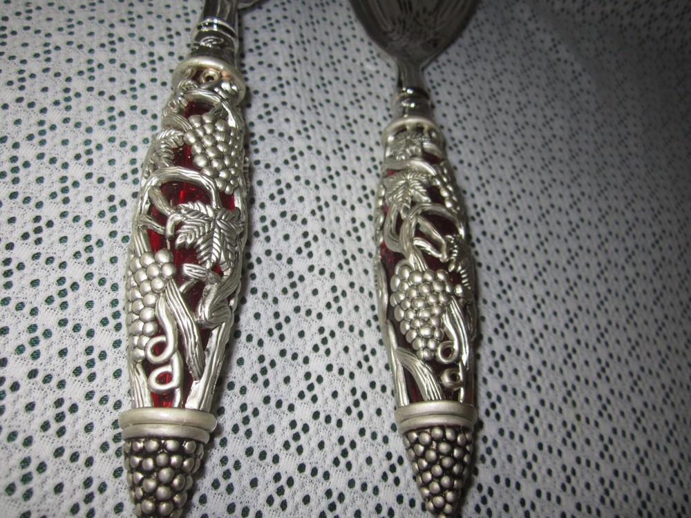 Neiman Marcus Silver Plate 2 Piece Ruby Red Handle Godinger Serving Spoon Fork