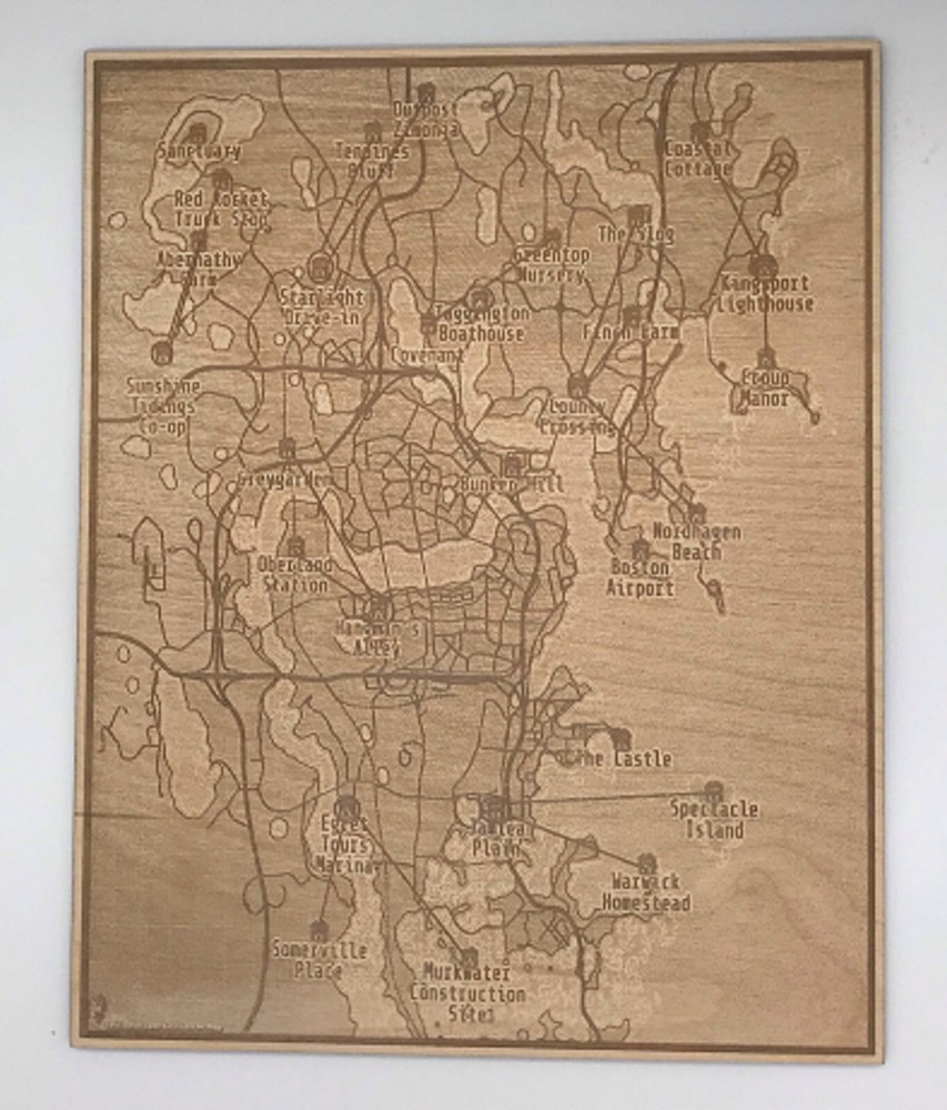Engraved Map of Fallout 4 on Baltic Birch