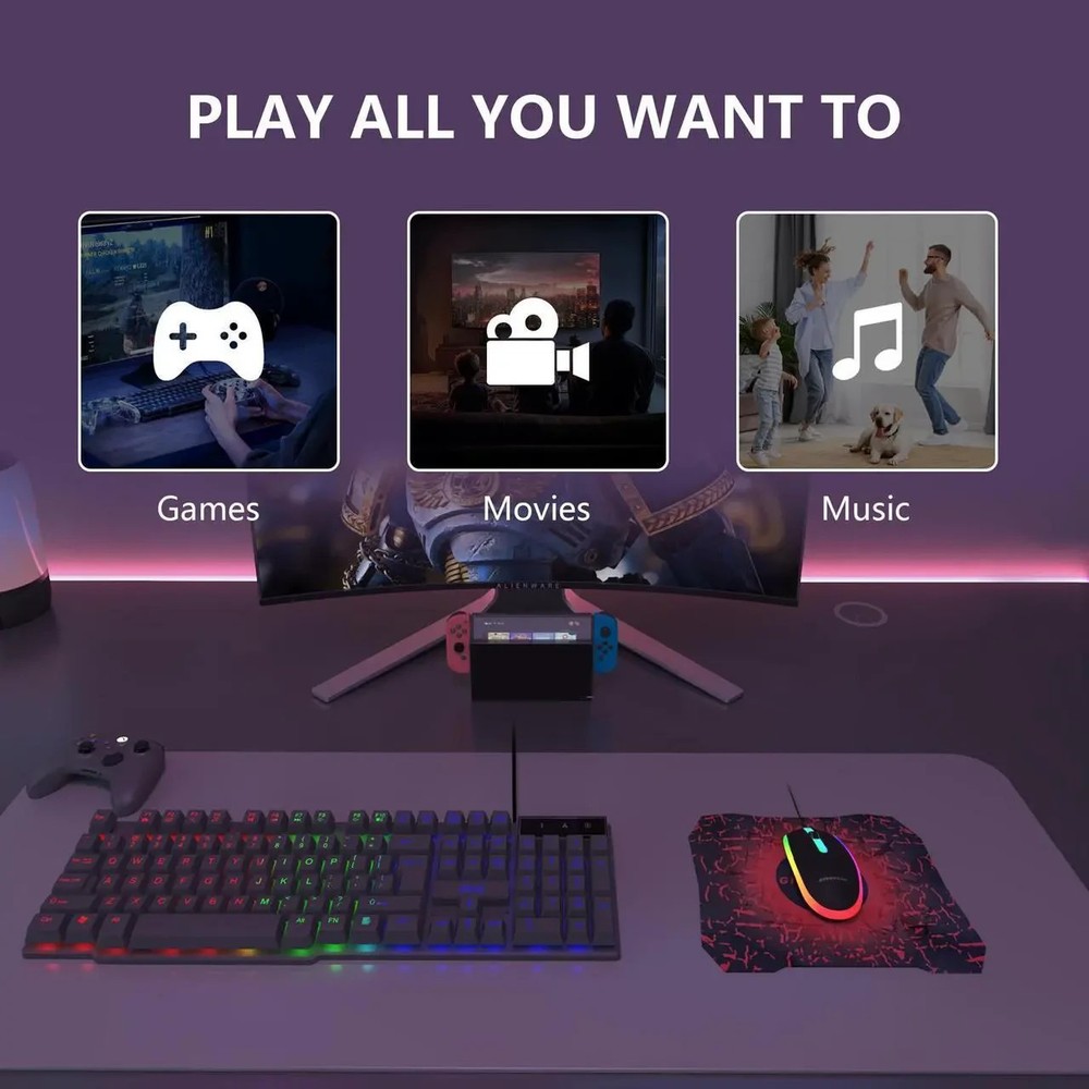 Wired Gaming Keyboard and Mouse Headset Combo,Rainbow LED Backlit Wired Keyboard