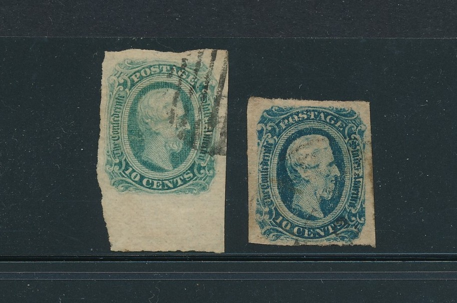 US CONFEDERATE #12d DEEP BLUE & #11a MILKY BLUE; USED; 4 MARGINS; NO FAULTS