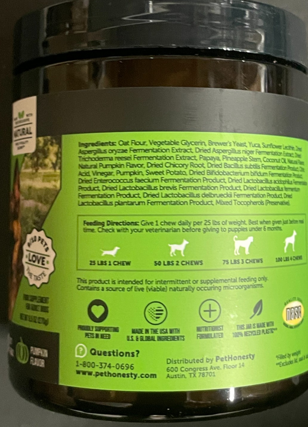 Pet Honesty Probiotics for Dogs 90 All-Natural Dog Chews PUMPKIN FLAVOR PH3