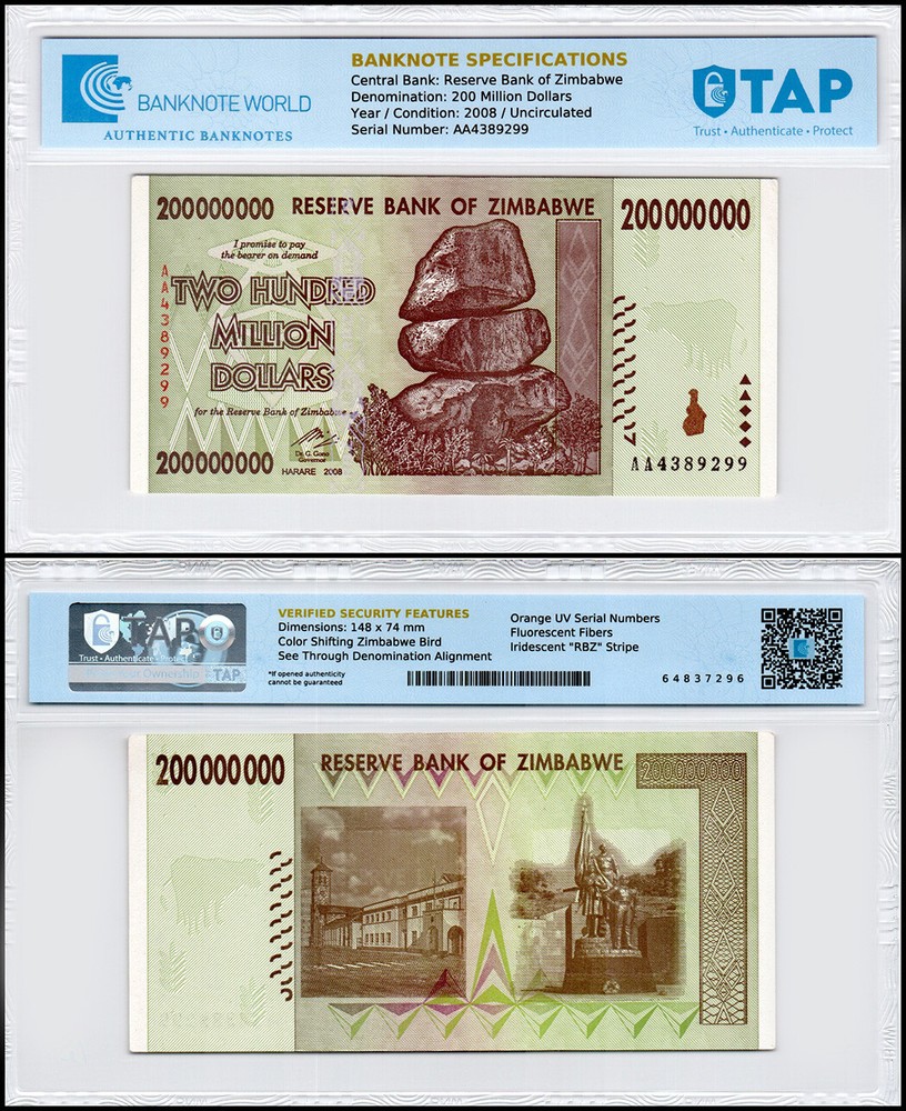 Zimbabwe 200 Million Dollars, 2008, P-81, UNC, Authenticated Banknote