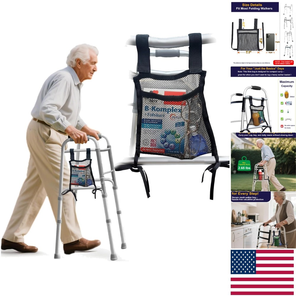 Lightweight Walker Side Bag Mesh Organizer for Essentials - Easy Attach Black