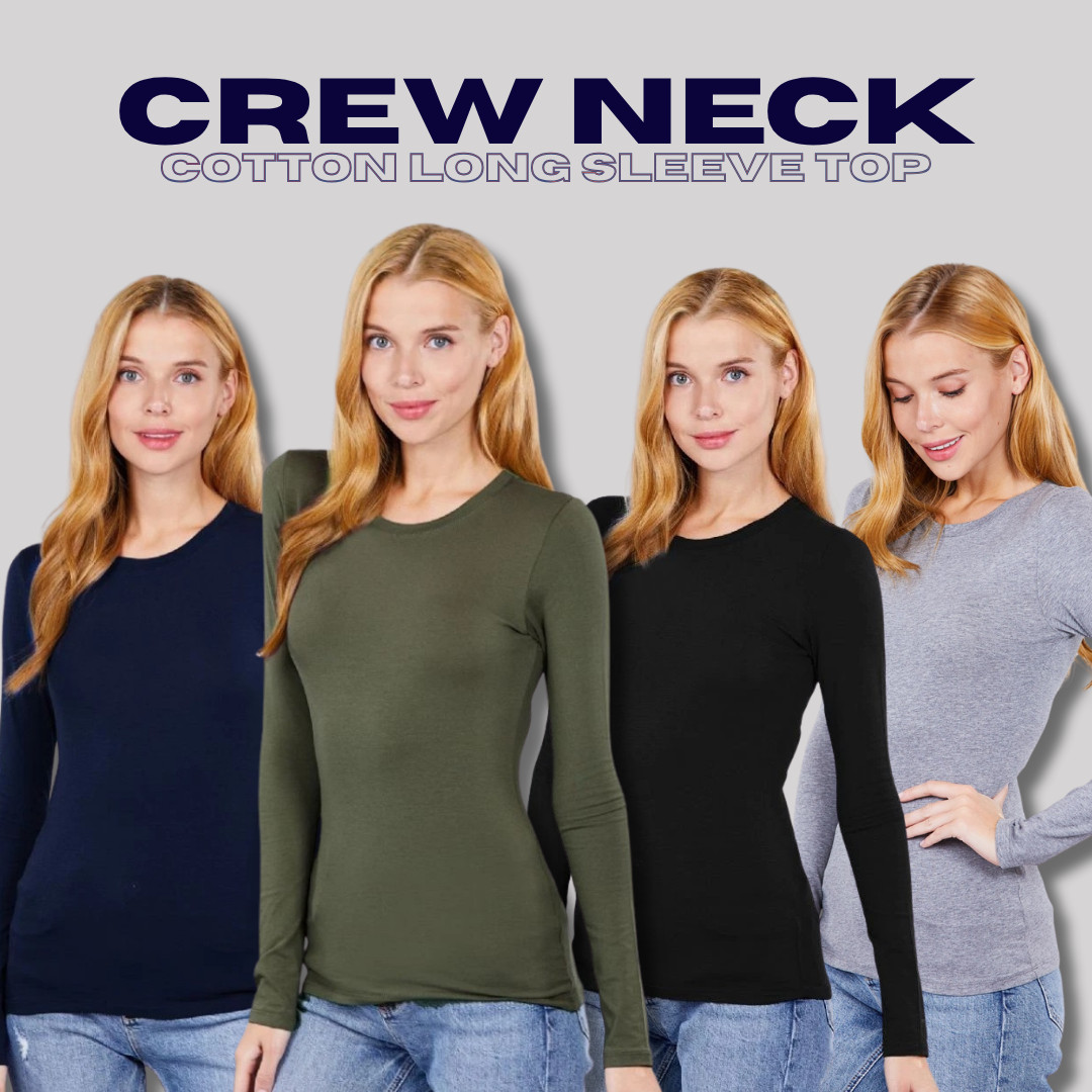 Crew Round Neck Long Sleeve T-Shirt Soft Stretch Cotton Basic Plain Top Slim Fit