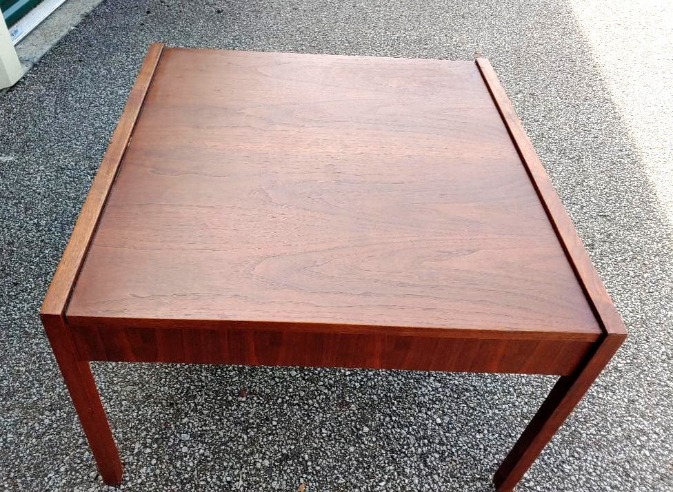 MID CENTURY MODERN WALNUT LARGE SIDE TABLE, COFFEE TABLE, EDWARD WORMLEY? SOLID.