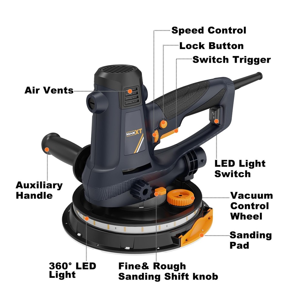 Electric Drywall Sander, 810W Variable Speed, Self-Dust Extraction, Adjustable