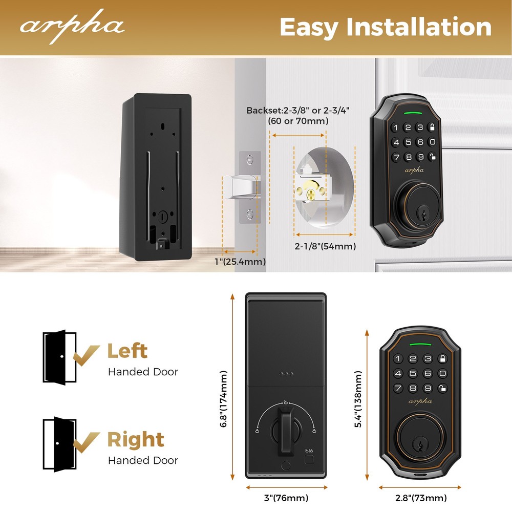 ARPHA Smart Keyless Entry Deadbolt Lock AutoLock Keypad Anti-Peeping 100 Codes