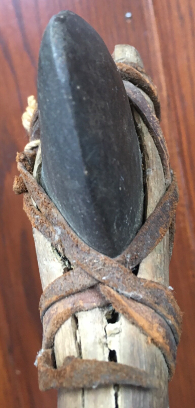 Antique Primitive Stone Axe / War Club Leather Tied Wood Handle American Indian?