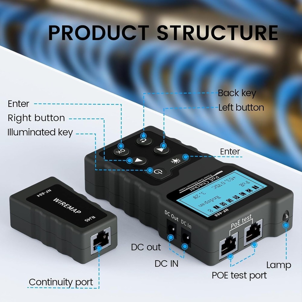POE & Continuity Network Tester with Backlit LCD - Efficient & Lightweight