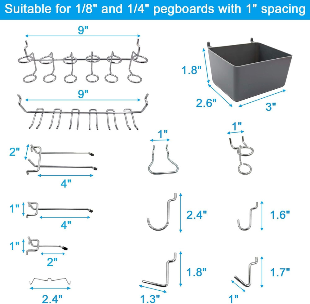 Pegboard Hooks Assortment with Pegboard Bins, Peg Locks, for Organizing Various
