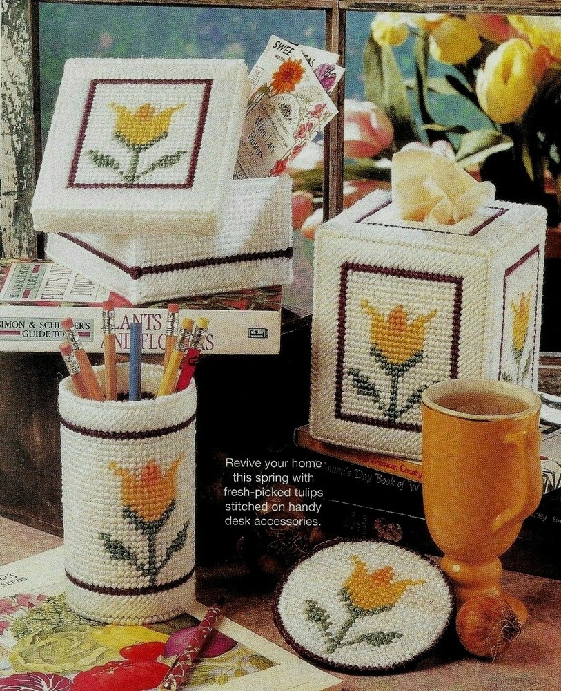 TULIP DESK ACCESSORIES TISSUE COVER COASTER PLASTIC CANVAS PATTERN INSTRUCTIONS