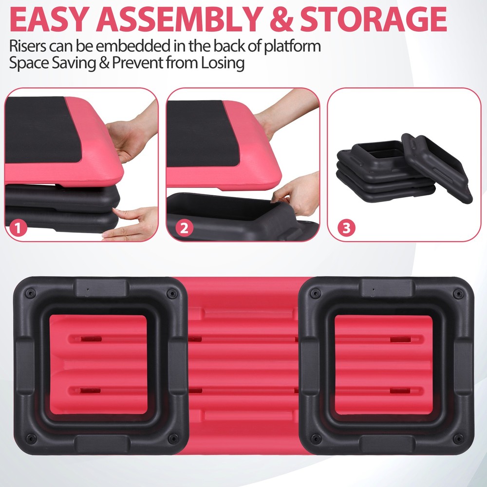 Aerobic Exercise Step Platform with 4''-6''-8'' Adjustable Risers Indoor Pink