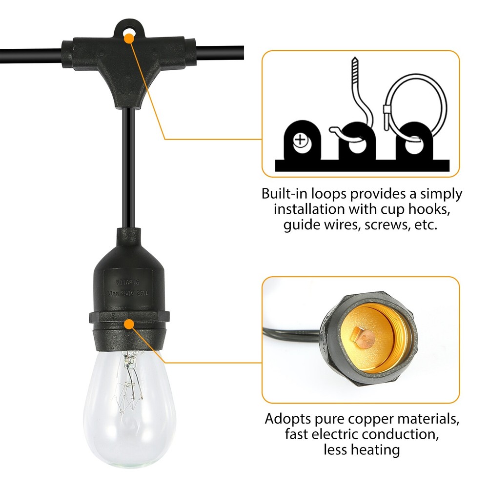 48 ft Outdoor String Lights Commercial Weatherproof Edison Vintage Bulbs Sockets