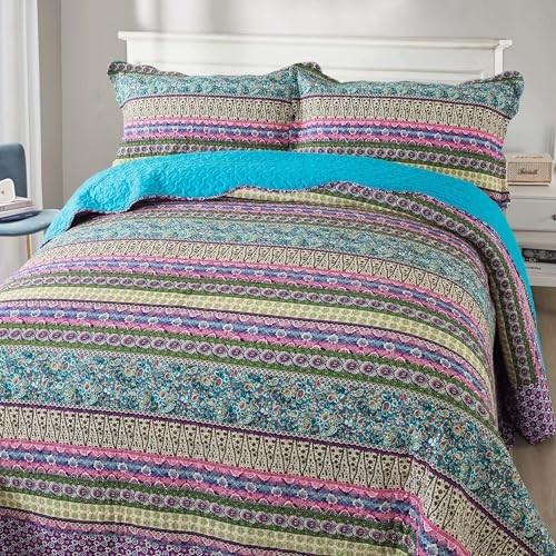 Cotton Bedspread Quilt Sets - Reversible Patchwork King Mixed Floral Colored