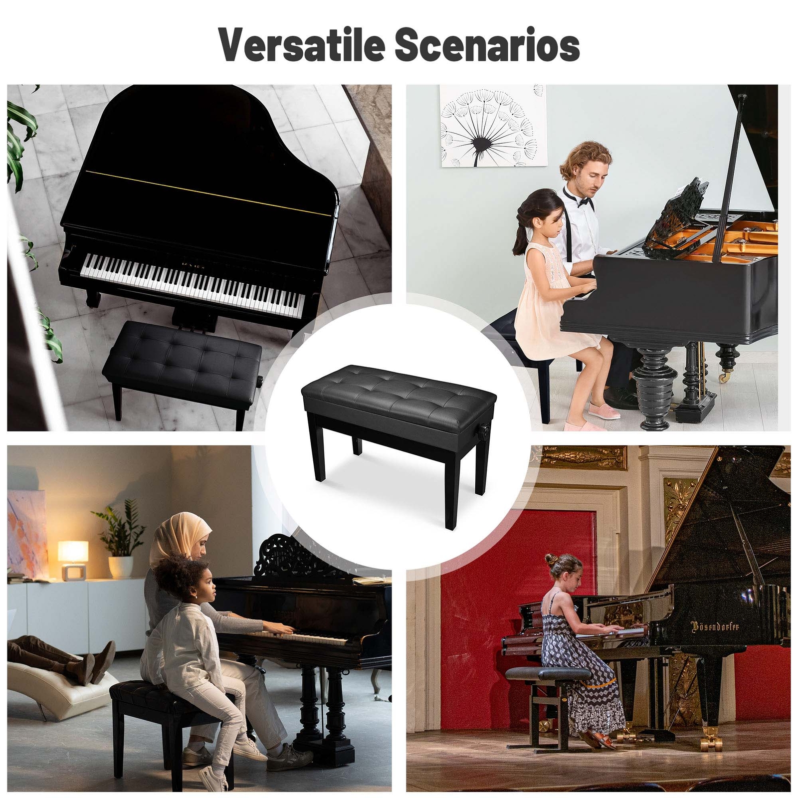 Adjustable Duet Piano Bench PU Leather Padded Wooden Keyboard Stool w/ Storage