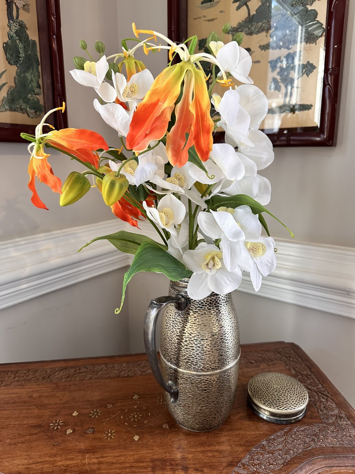 Art Deco Nickel Silver And Silver Plate Cocktail Shaker With Cork -Hand Hammered