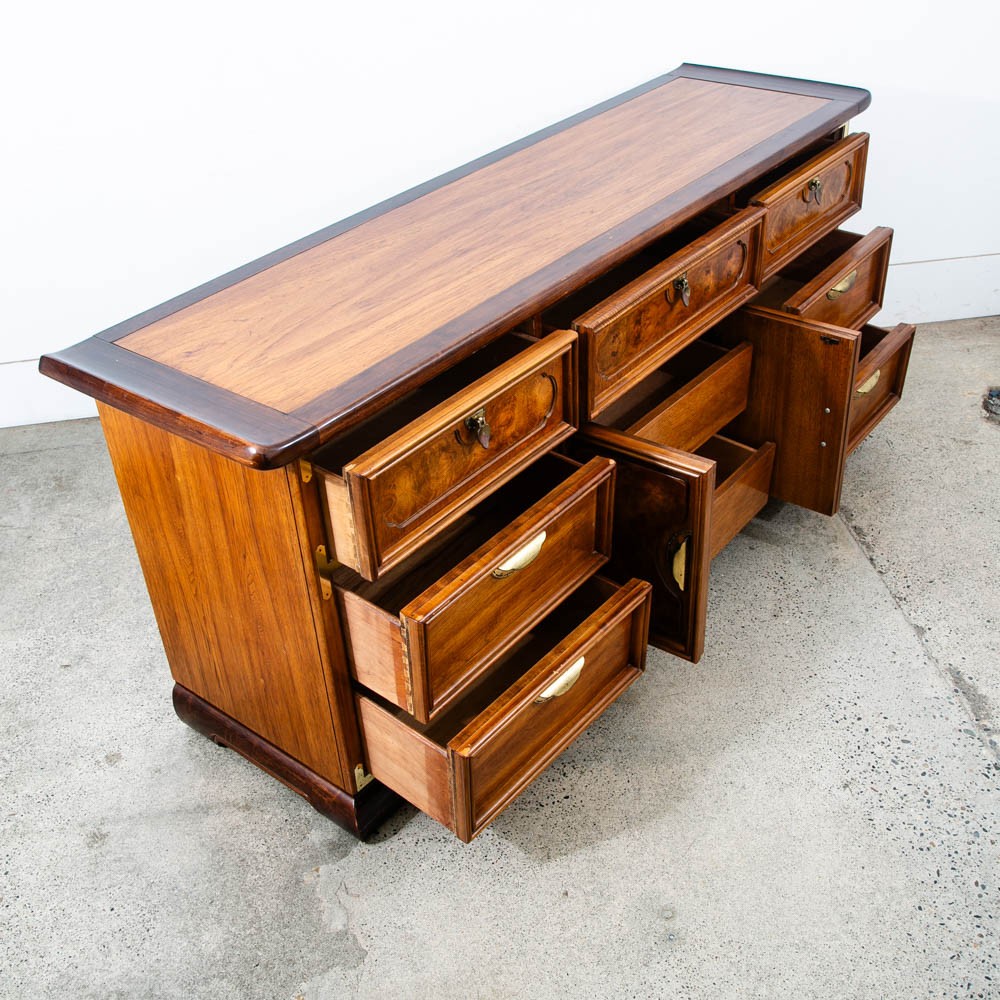 Mid Century Modern Dresser Credenza Walnut 9 Drawer Wood Brass Handle Mcm