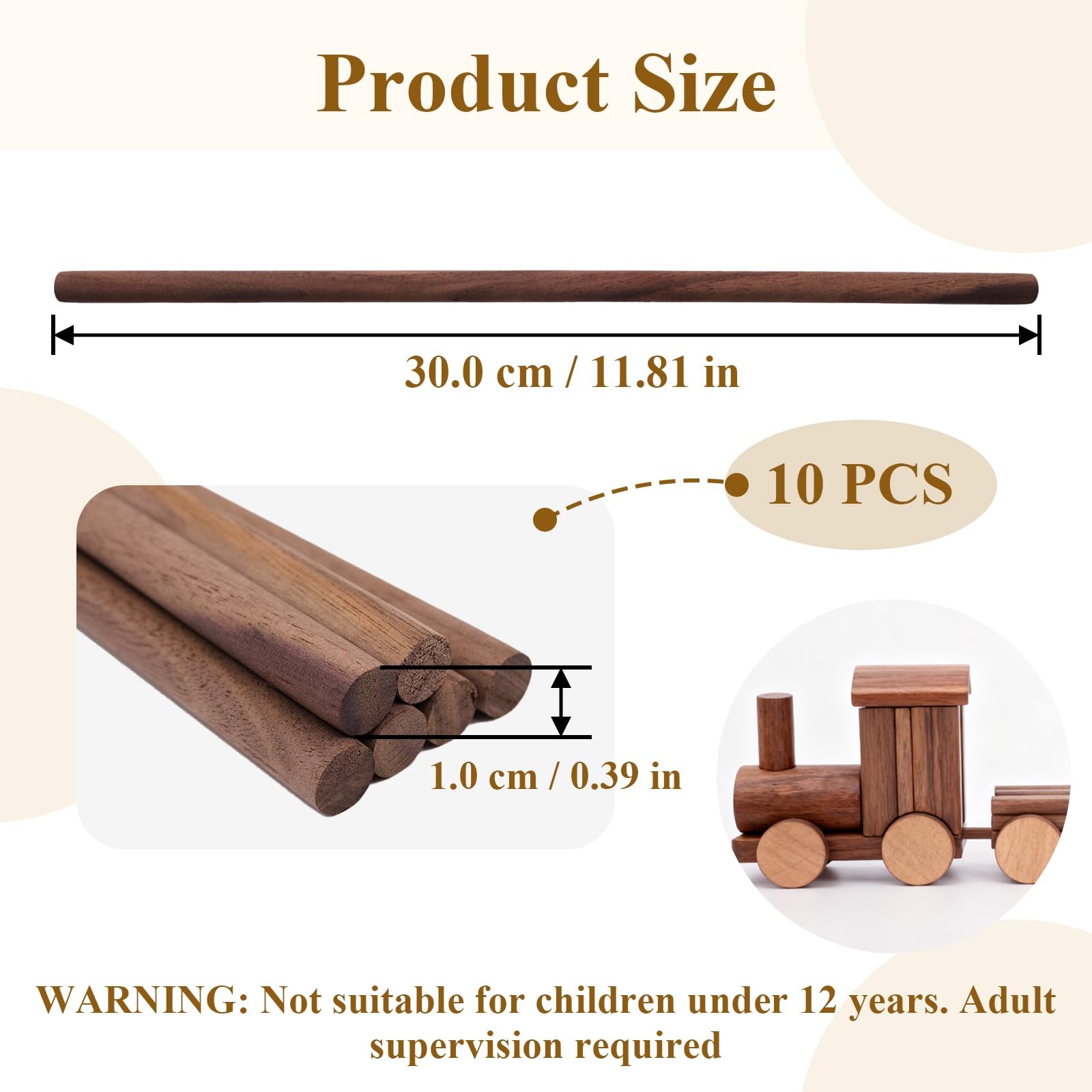 10 Pack Walnut Wooden Dowel Rods 3/8 x 12 Inch (10 x 300mm) Wood Color