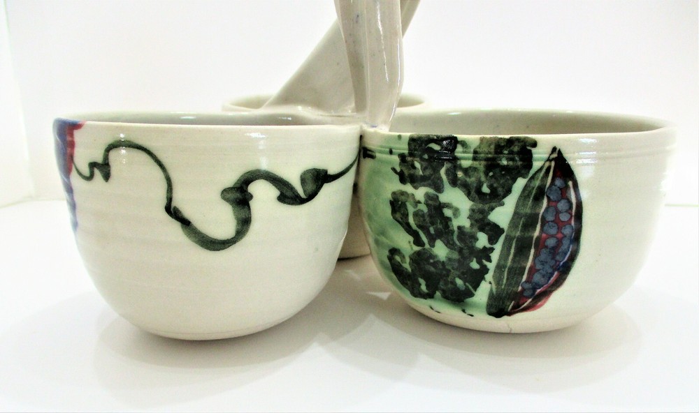 Pottery Condiment Dish Server 3 Section Artisan Made Hand Painted Fruit Signed